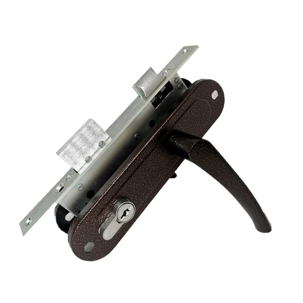 Фото Замок врезной цилиндровый с защёлкой в комплекте с ручкой ЗВ4-70/07 (медь антик), 4 кл.